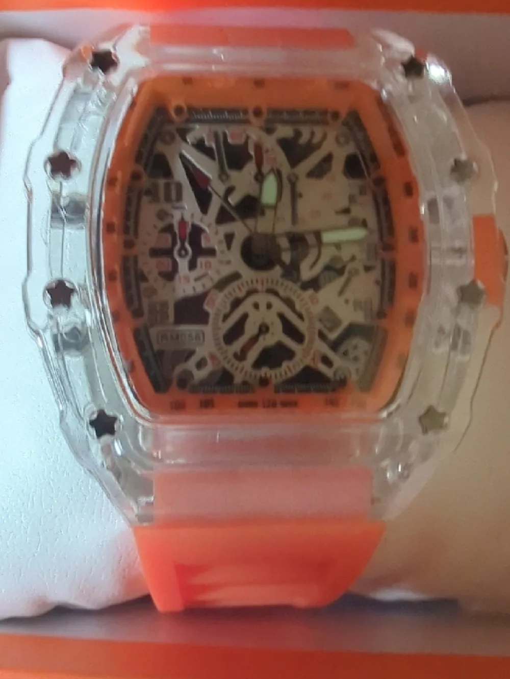 Transparent Case Orange Strap Skeleton Dial Sport Watch